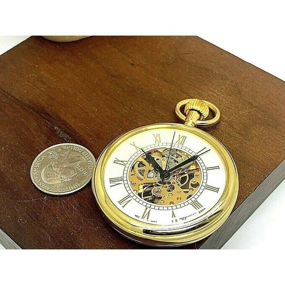 Majestrom Pocket Watch Gold Tone Case Silver Dial Roman Numerals 51mm Op… - Picture 4 of 11